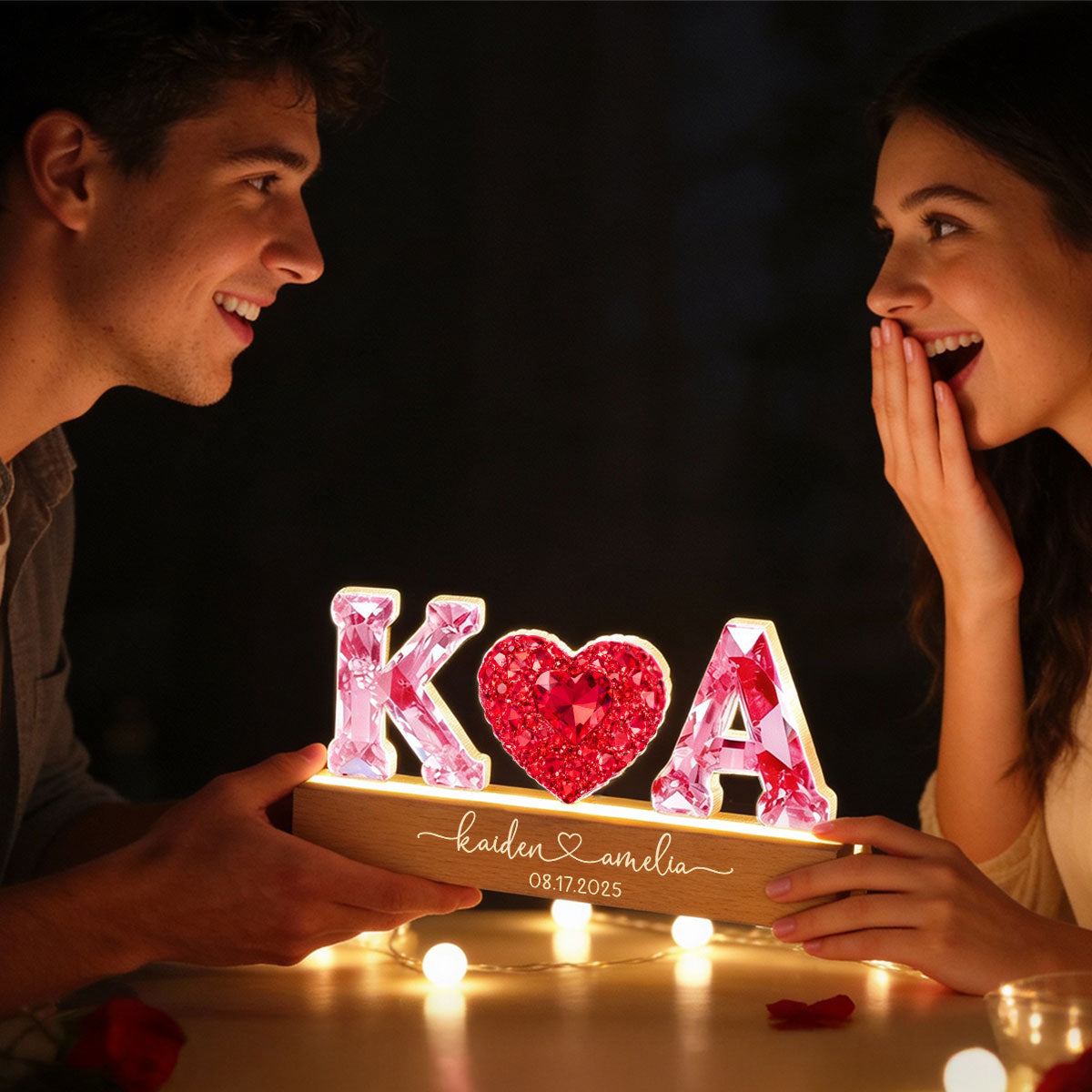 Couple Love Initial - Personalized Acrylic Block LED Night Light - Heartfelt Anniversary, Valentine's Day Gift for her, for him