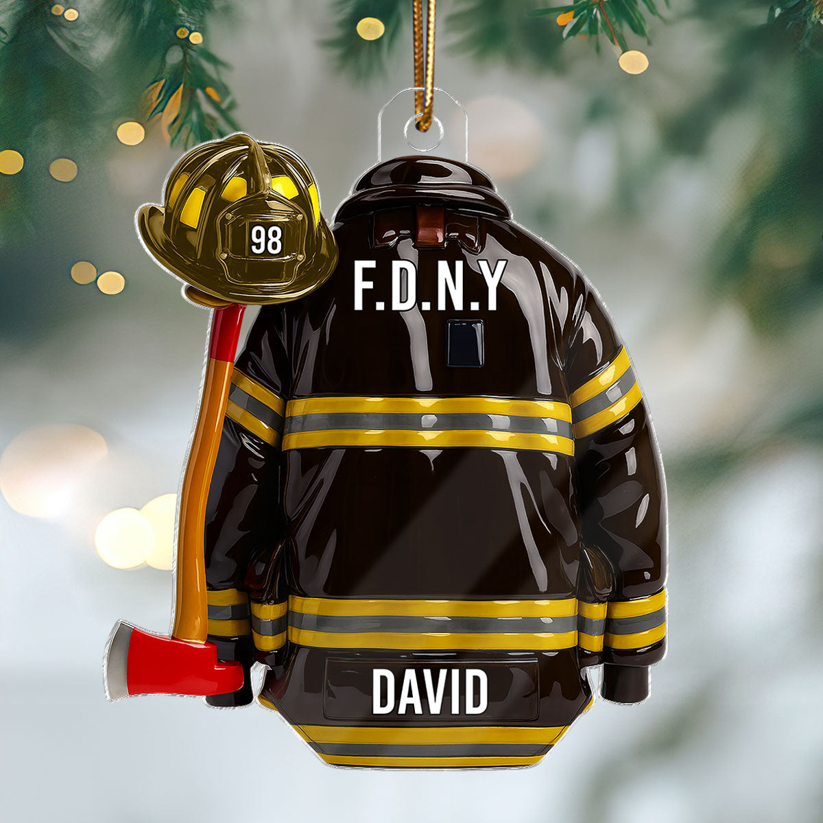 3D Effect Firefighter Coat, Helmet & Axe - Personalized Acrylic Ornament - Christmas Gift For Firefighter