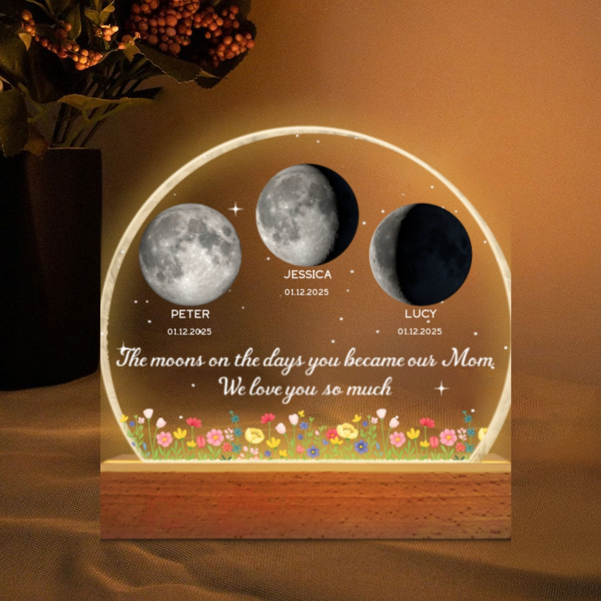 The Days You Became Our Mom, Custom Moon Phase by Date - Personalized Acrylic LED Night Light - Heartfelt Mother's Day Gift for Mom