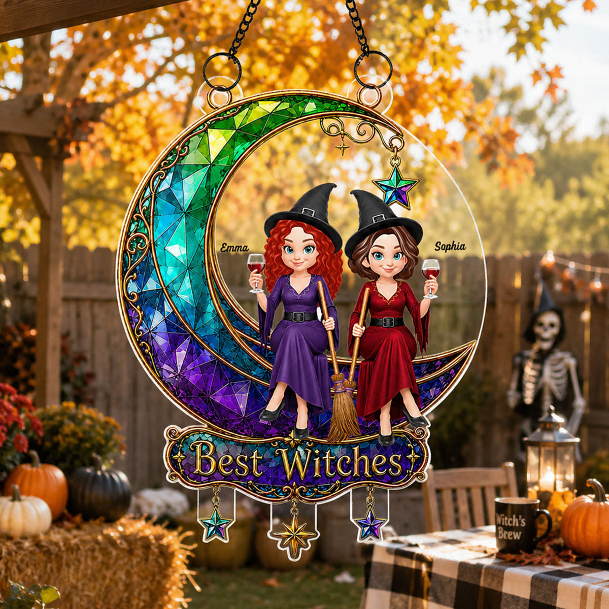 Beautiful Witches Sitting On Moon - Personalized Acrylic Window Hanging - Halloween Decoration For Besties, Girls