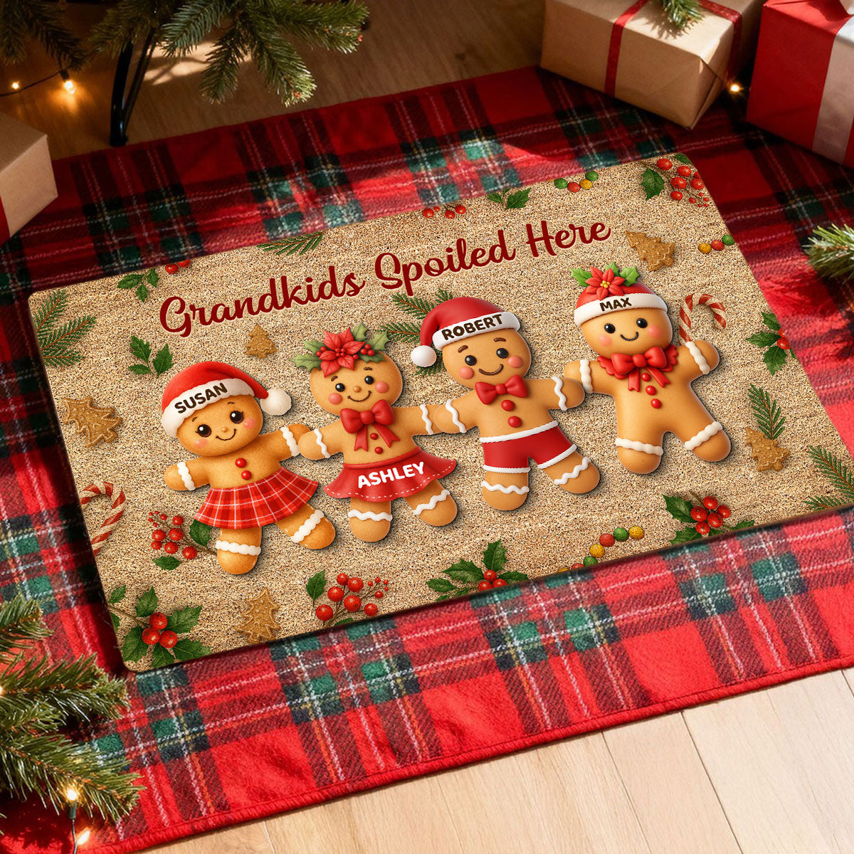 Gingerbread Grandparents and Grandkids - Personalized Doormat - Christmas Gift for Family