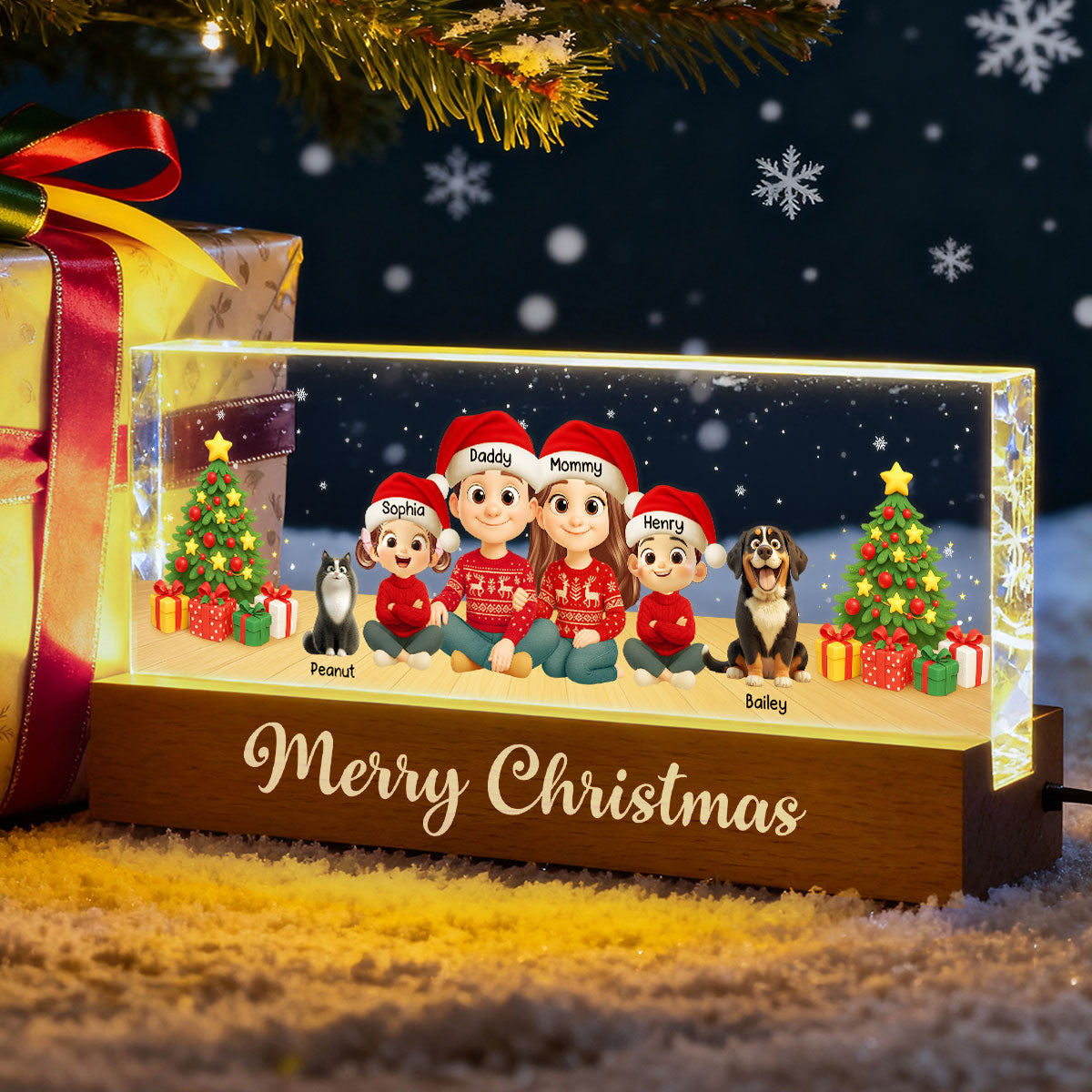 Merry Christmas Family Sitting - Personalized Acrylic Block LED Night Light - Custom Family with Pets, Holidays Gift for Husband, Wife