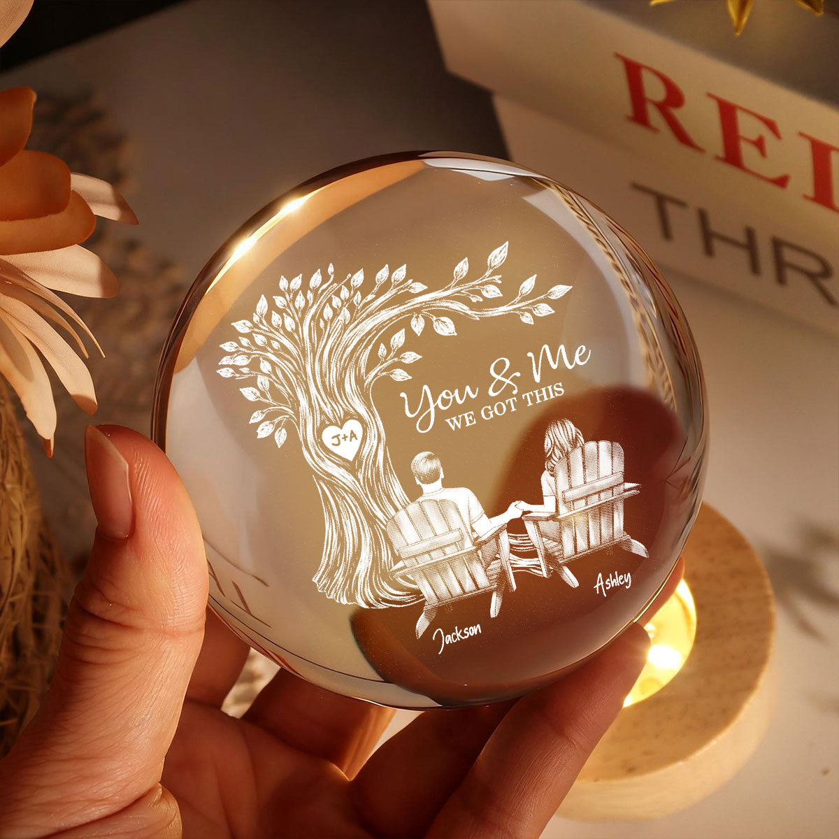 Eternal Love Couple Under Heart Carved Tree - Personalized Crystal Ball LED Night Light - Valentine's Day Gift For Couple