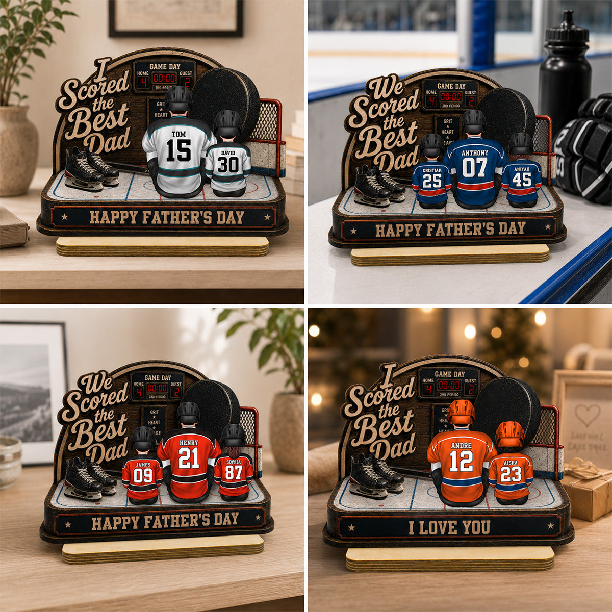 Hockey Dad & Kids Sitting On Court 2D Flat - Personalized 2-Layered Wooden Plaque -  Gift For Hockey Dad