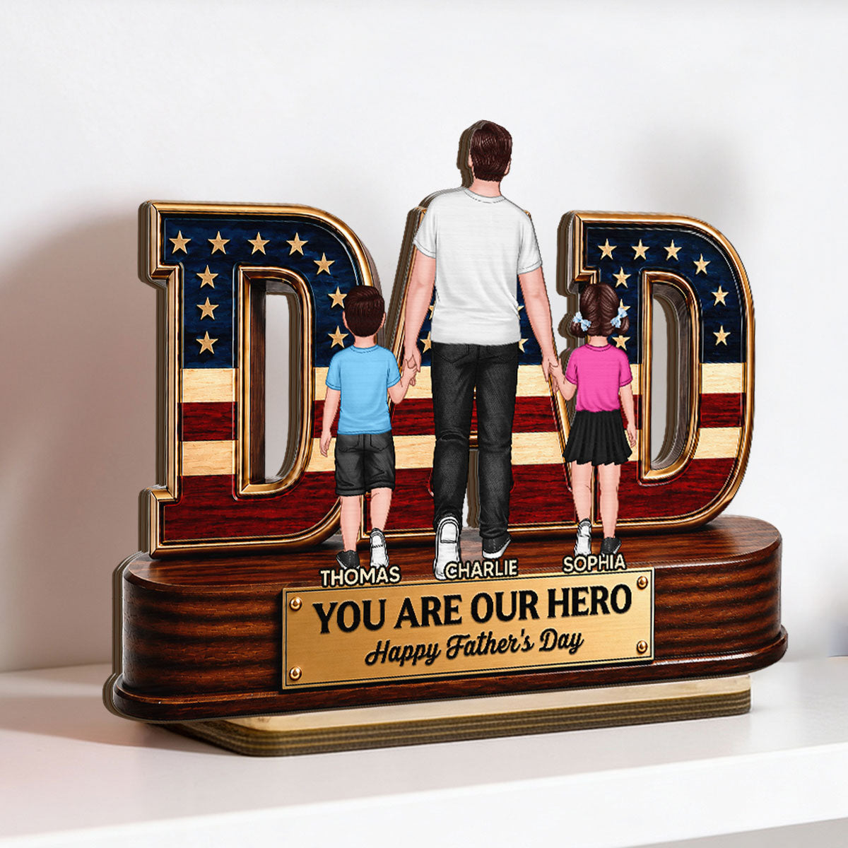 Nation Flag Dad And Kids You Are Our Hero - Personalized 2-Layered Wooden Plaque -  Gift For Dad, Husband