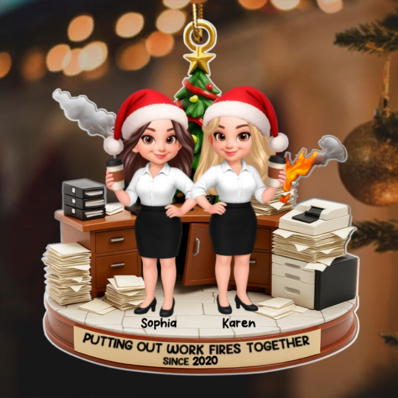 Putting Out Work Fires Together, Office Chaos Funny Coworkers - Personalized Acrylic Ornament - Custom Employee Gift Exchange, White Elephant Gift