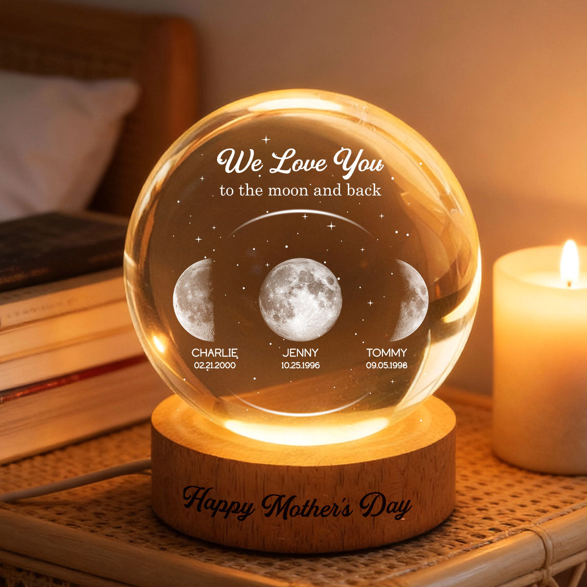 Love to the Moon and Back, Custom Moon Phase by Date - Personalized Crystal Ball LED Night Light - Mother's Day Gift for Mom, Wife