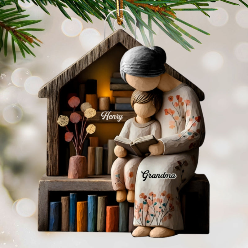 3D Effect Wooden Grandma Grandkid Reading Book - Personalized Acrylic Ornament - Heartwarming Christmas Gift For Grandma, For Family