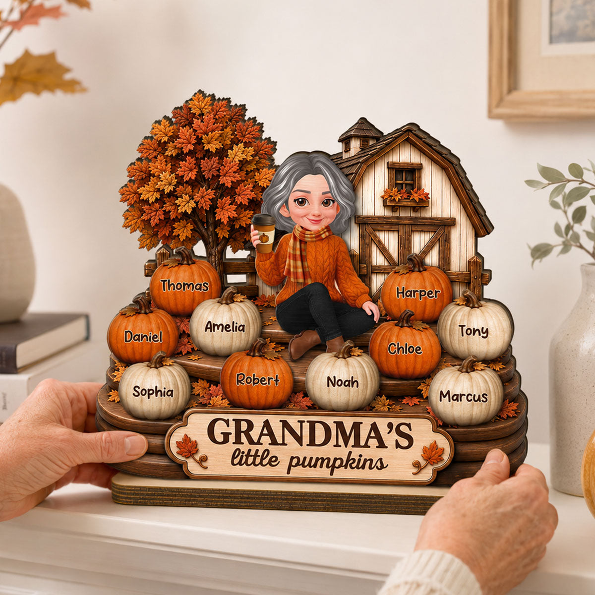 Fall Season Cozy Warm Farmhouse Style Grandma's Little Pumpkins - Personalized 2-Layered Wooden Plaque - Fall Decor For Grandma