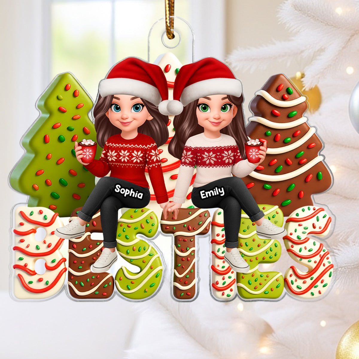 3D Effect Christmas Tree Cake Besties - Personalized Acrylic Ornament - Gift For Best Friends
