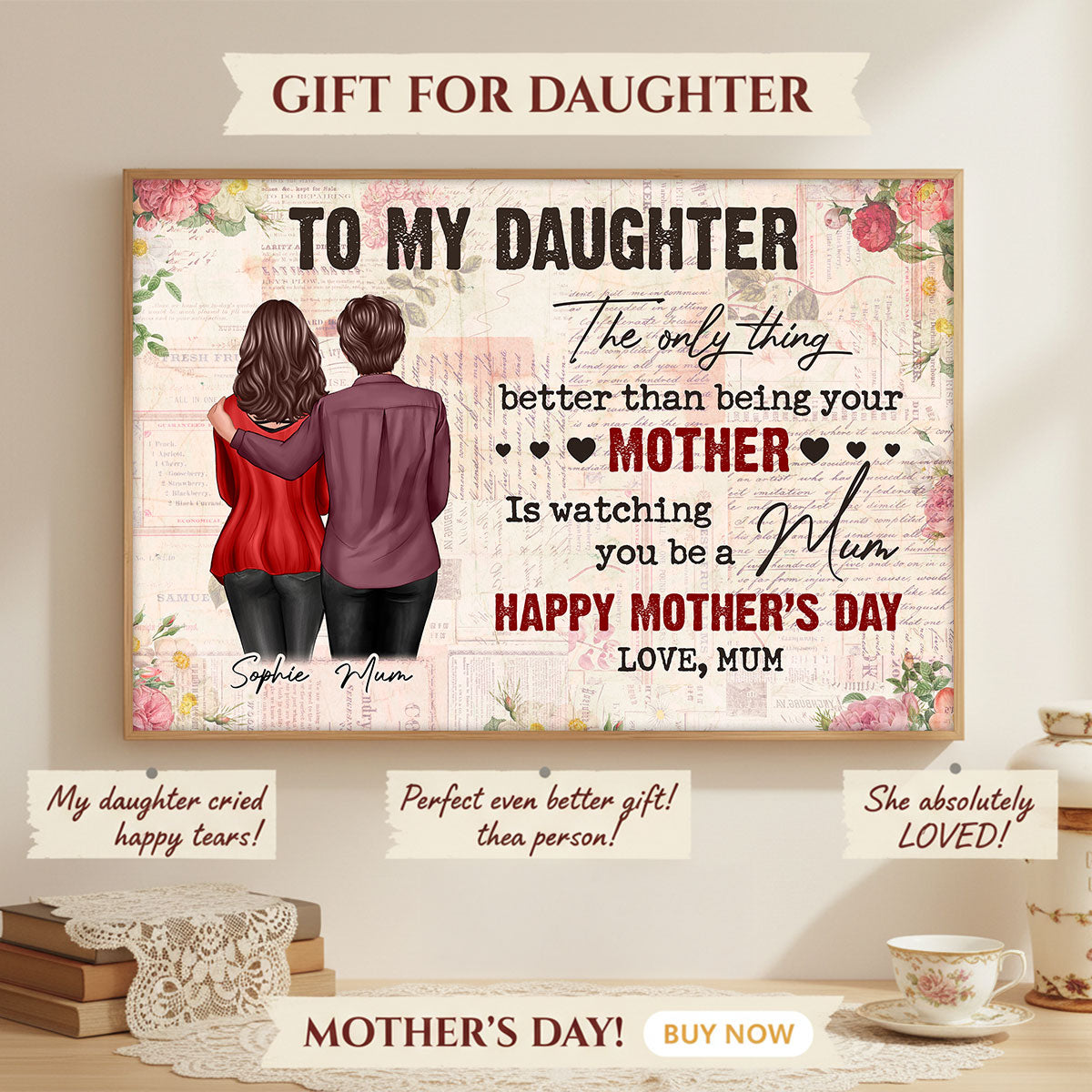 To My Daughter From Mum Vintage Floral Newspaper - Personalised Poster - UK Mother's Day