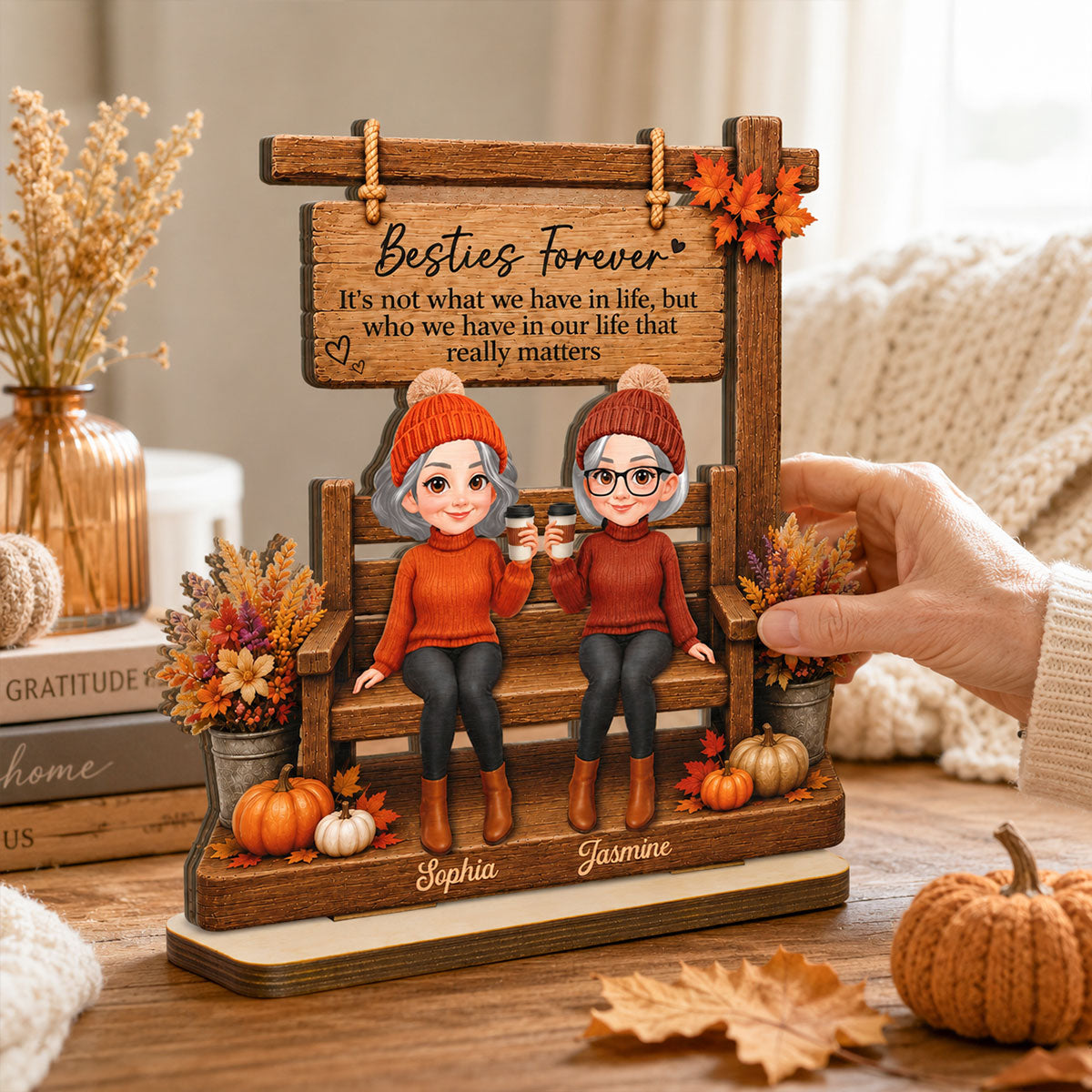 Fall Season Besties Under Sign Post 2D Flat - Personalized Wooden Plaque