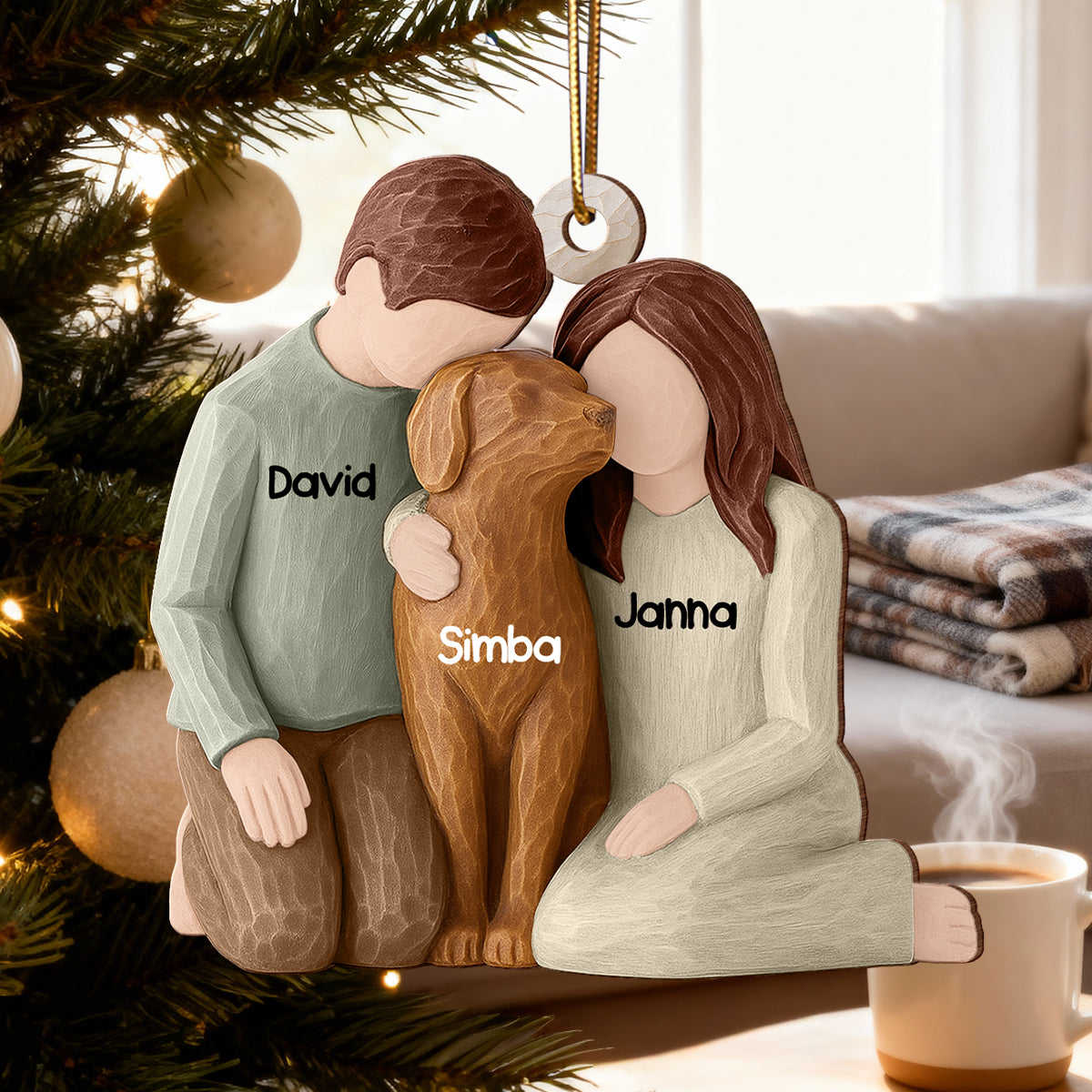 Couple and the Dogs 3D Effect - Personalized Wooden Ornament - Christmas Gift for him, for her