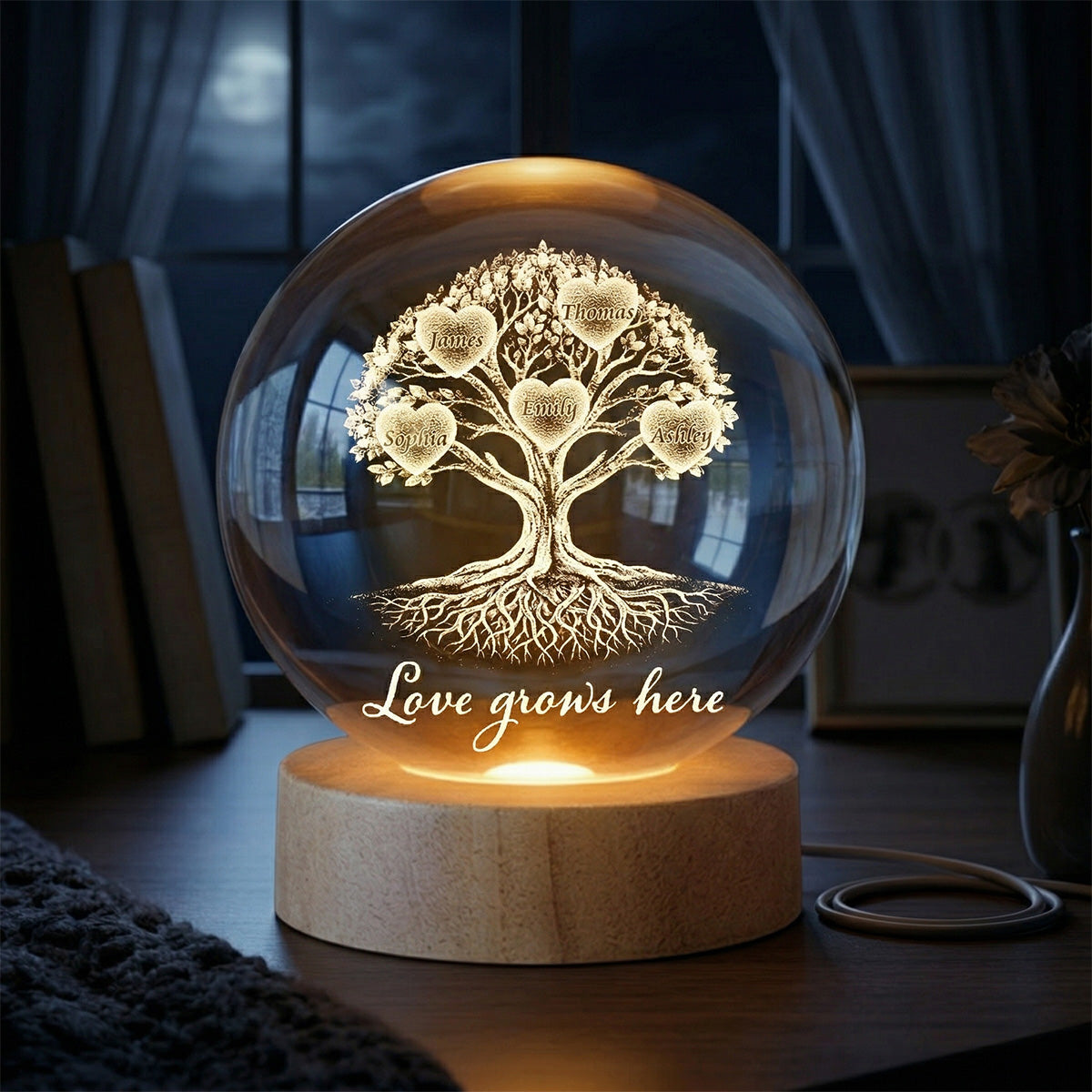 Grandkids Heart Tree Of Life - Personalized Crystal Ball LED Night Light - Mother's Day Gift For Grandma