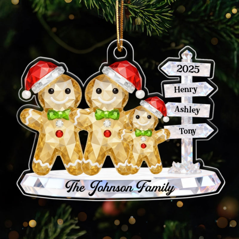 Gingerbread Family 3D Crystal Effect Custom Name Sign Post - Personalized Acrylic Ornament - Christmas Gift for Family