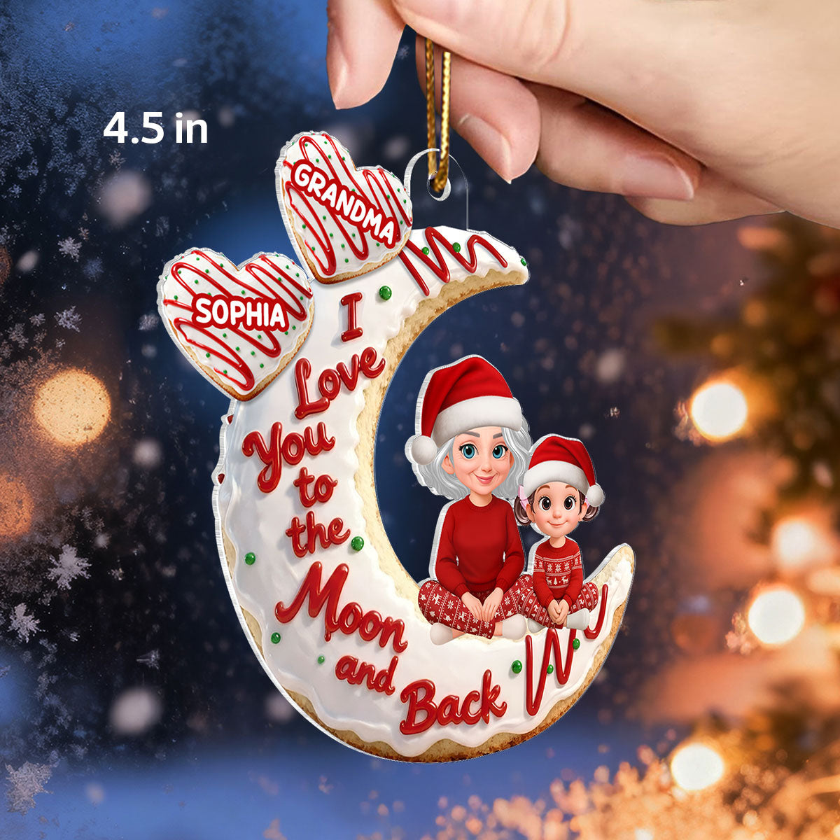 3D Effect Christmas Tree Cake Moon Grandma Grandkid Love You To The Moon And Back - Personalized Acrylic Ornament - Christmas Gift For All Grandkids