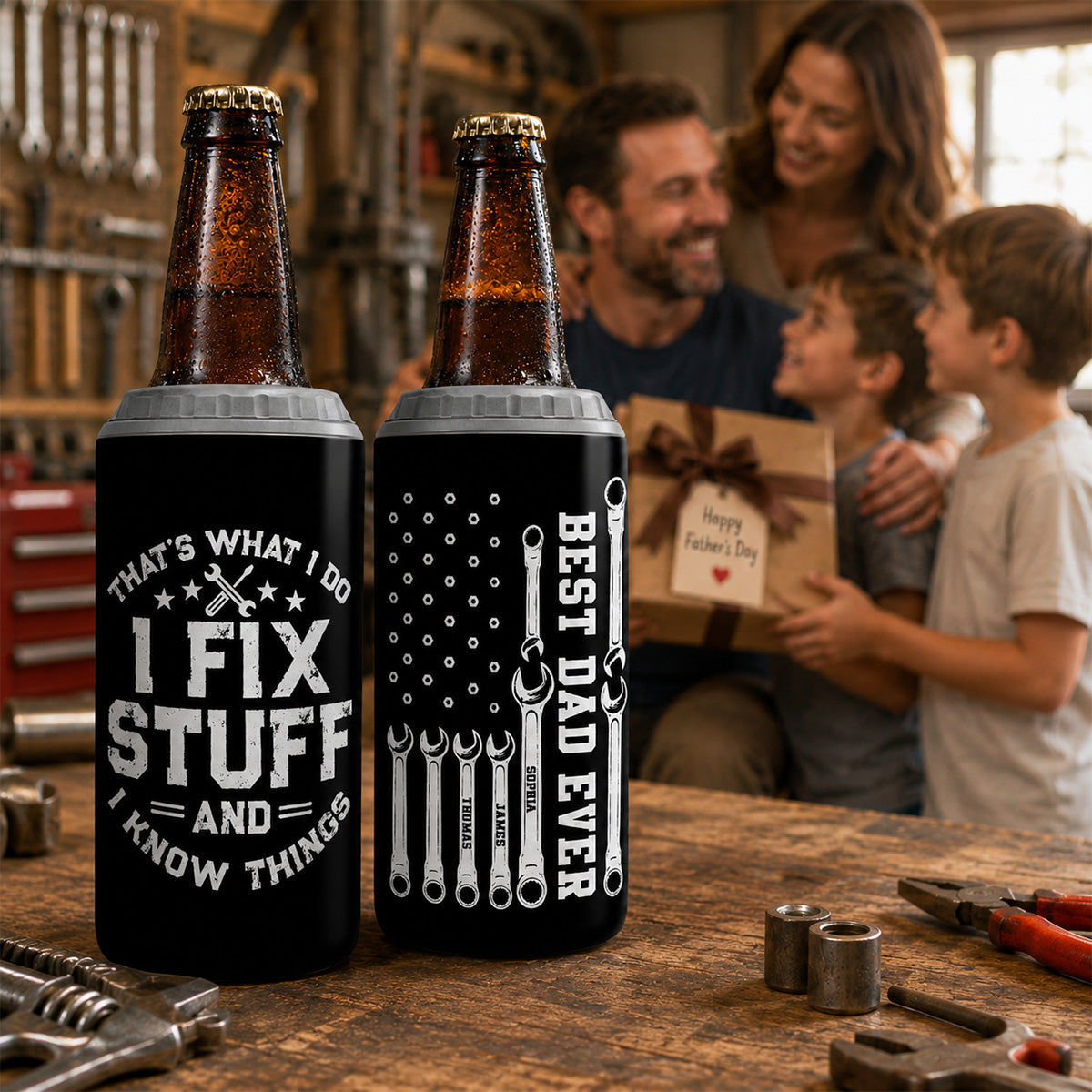 That's What I Do Mechanic Dad - Personalized 4-in-1 Can Cooler - Father's Day Gift For Dad, Grandpa
