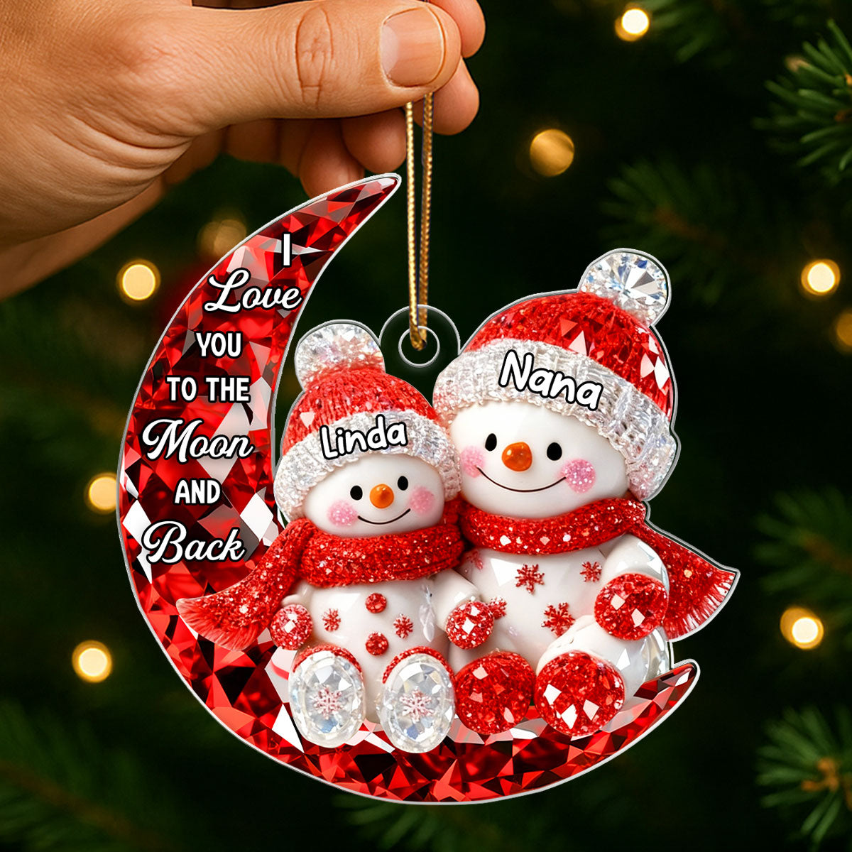 3D Crystal Effect Snowman Grandma Grandkid on Moon - Personalized Acrylic Ornament - Christmas Gift for Grandma, Grandkids