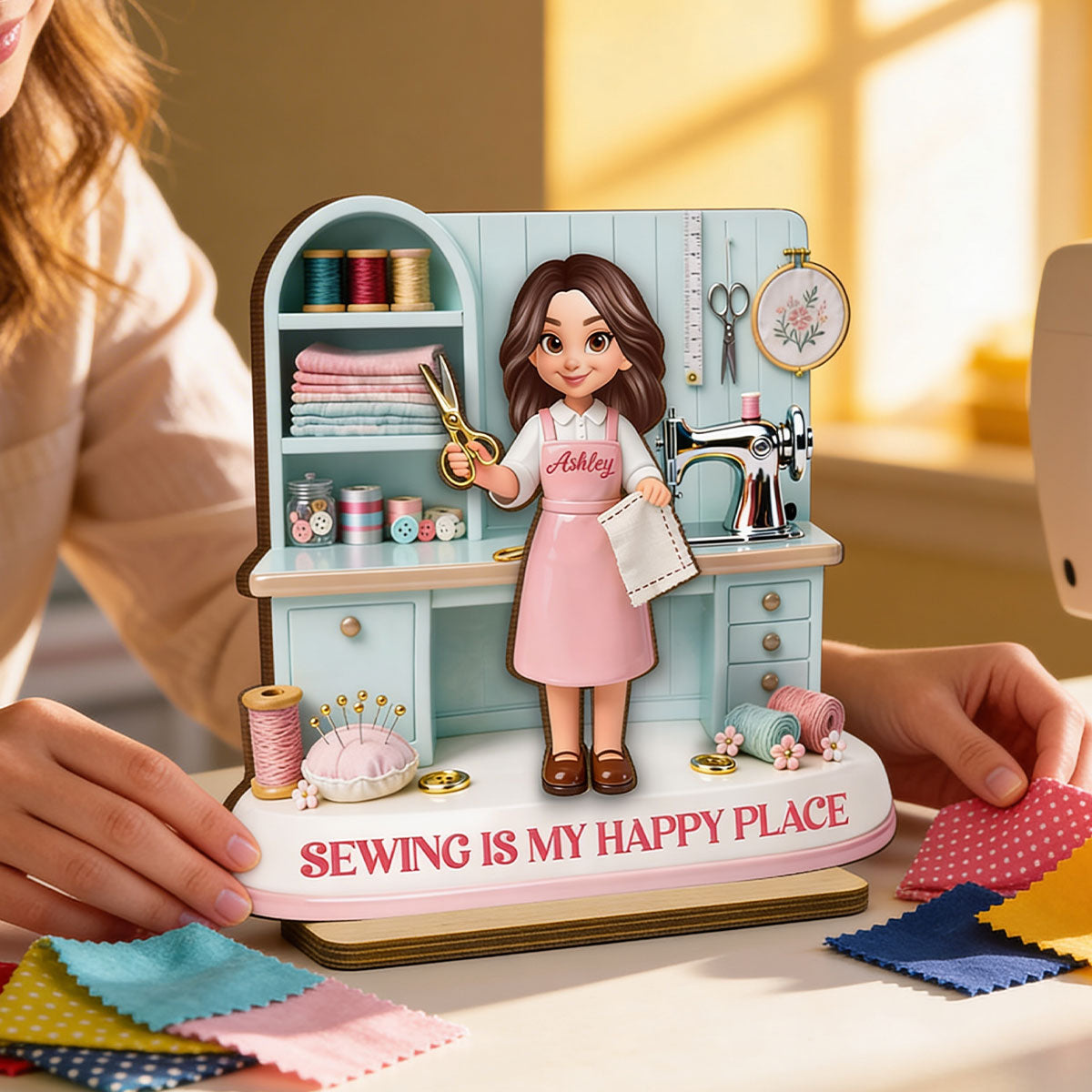Sewing Is My Happy Place - Personalized 2-Layered Wooden Plaque - Gift For Mom, Grandma