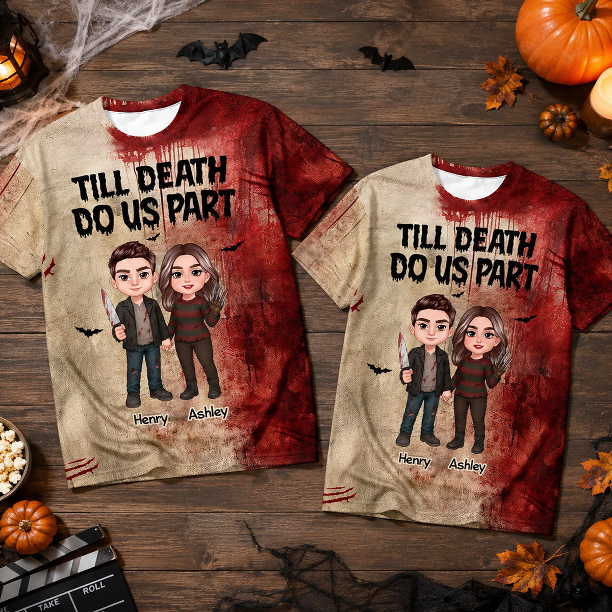 Halloween Horror Theme Couple Till Death Do Us Part - Personalized Shirt - Halloween Shirt For Couple
