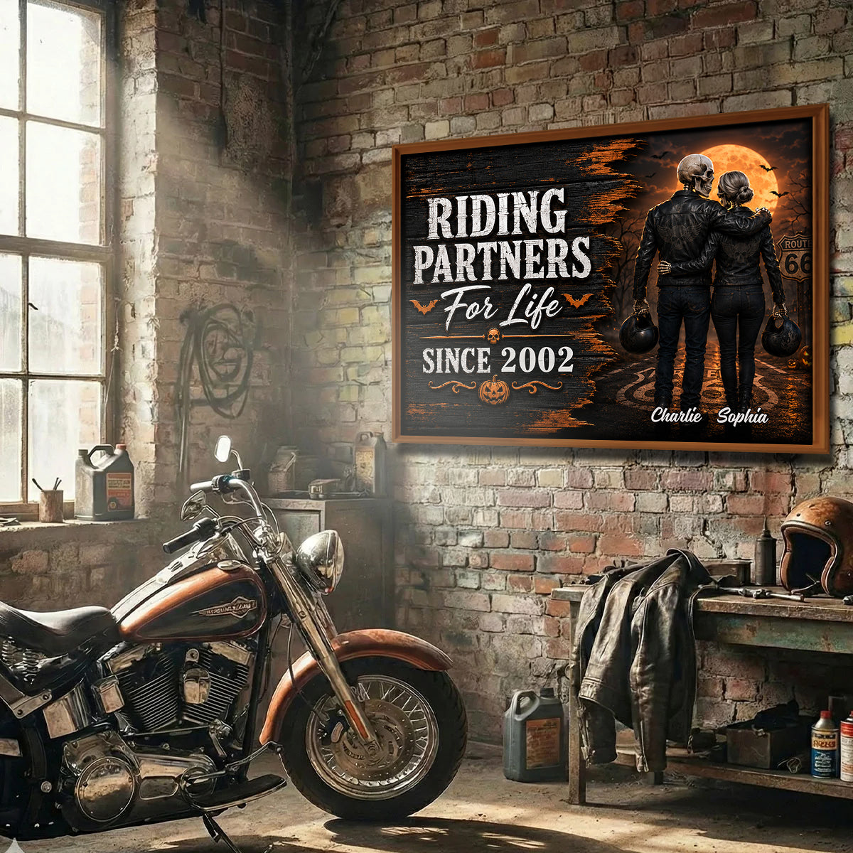 Skeleton Biker Couple Riding Partners For Life - Personalized Poster - Halloween Decor Gift, Gift For Couple