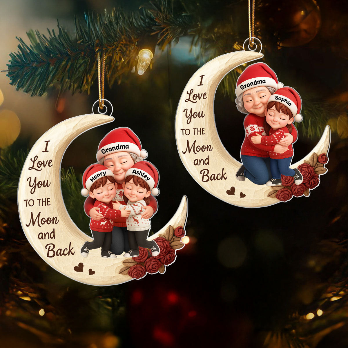 Grandma Grandkids Hugging on Moon 3D Wooden Effect - Personalized Acrylic Ornament - Christmas Gift for Grandma, Grandkids