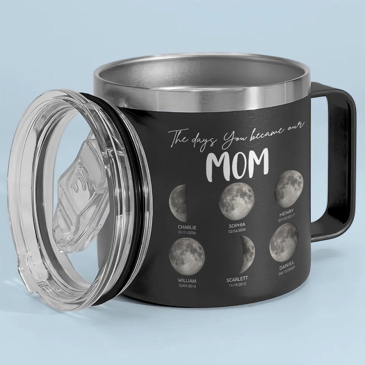 The Days You Became Our Mom Grandma Custom Birth Moon Phase - Personalized Tumbler With Handle - Mother's Day Gift For Mom, Grandma