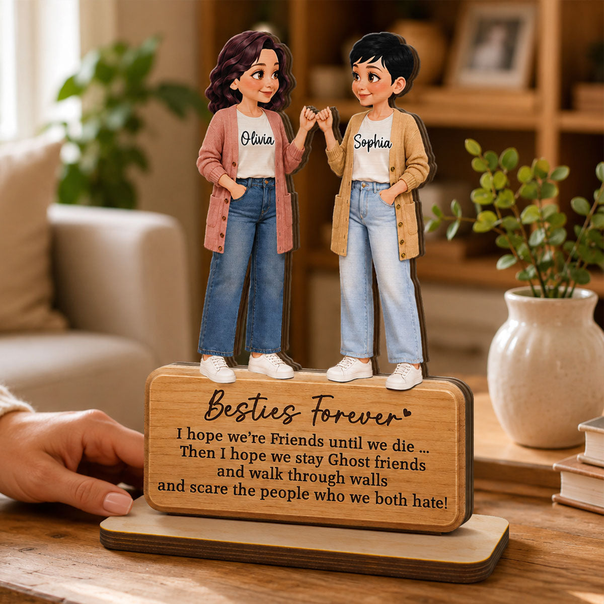 Pretty Besties Forever Pinky Promise 2D Flat - Personalized 2-Layered Wooden Plaque - Friendship Keepsake