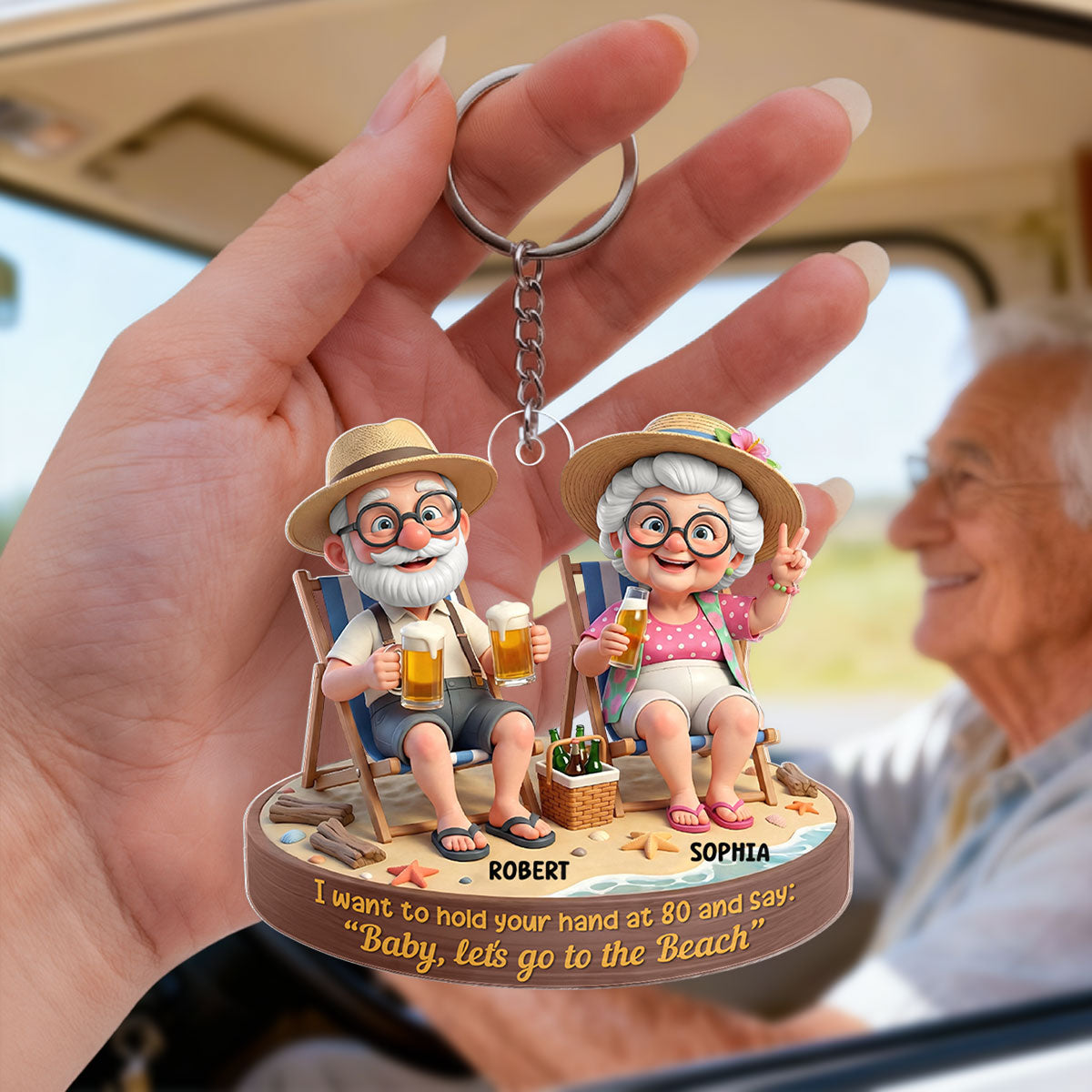 3D Effect Old Couple Baby Let's Go to the Beach  - Personalized Acrylic Keychain - Sentimental Gift for him, for her