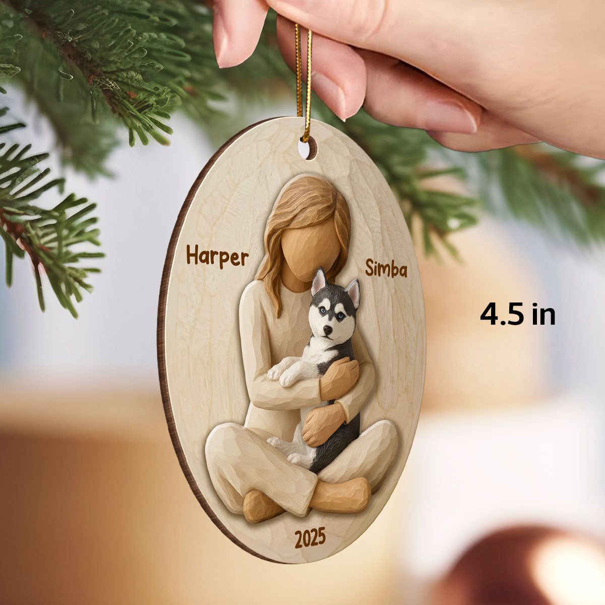 3D Effect Girl & Her Dog - Personalized Wooden Ornament - Gift For Dog Lover