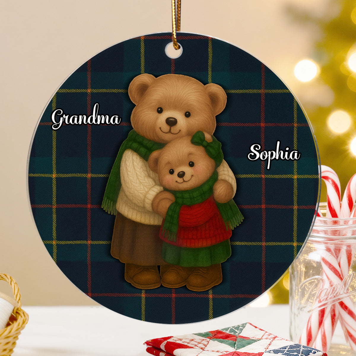 Heartwarming Teddy Bear Grandma Hugging Grandkid - Personalized Acrylic Ornament - Gift For Grandkids, Granddaughter, Grandson
