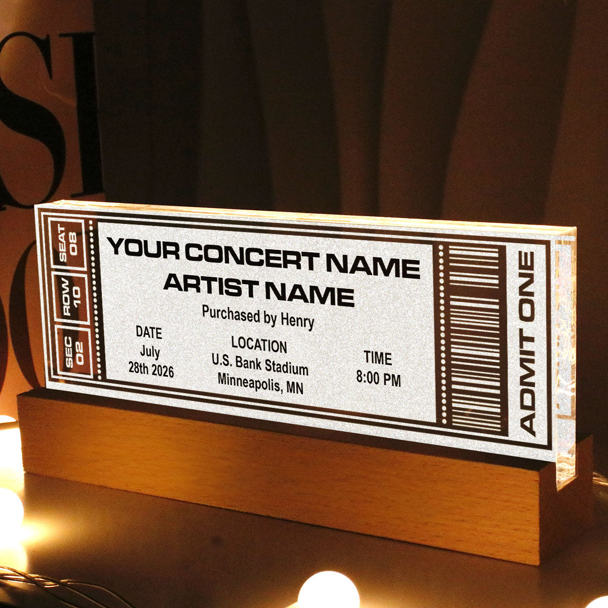 Custom Favorite Music Concert Photo Ticket - Personalized Acrylic Block LED Night Light - Valentine's Day Gift for her, for him