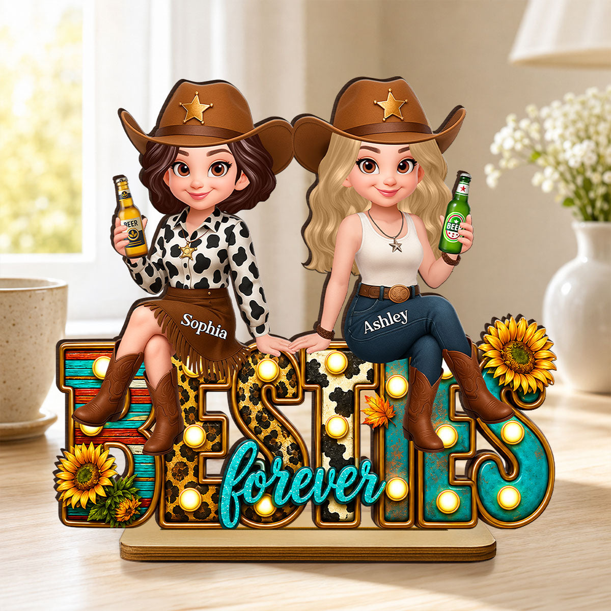 Western Besties Leopard Checkered - Personalized 2-Layered Wooden Plaque - Gift for Best Friends