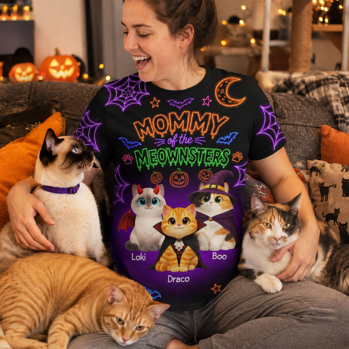 Neon Theme Mommy Daddy Of The Meownsters Cats - Personalized Shirt - Halloween Gift For Cat Lovers