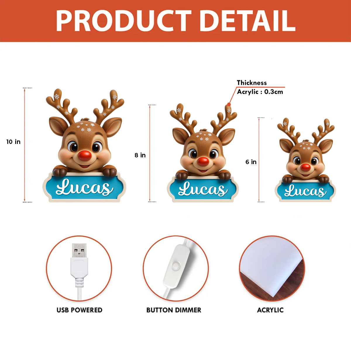 Baby Kid Reindeer Nursery Lamp - Personalized Light Box - Christmas Gift for Children, Grandchildren