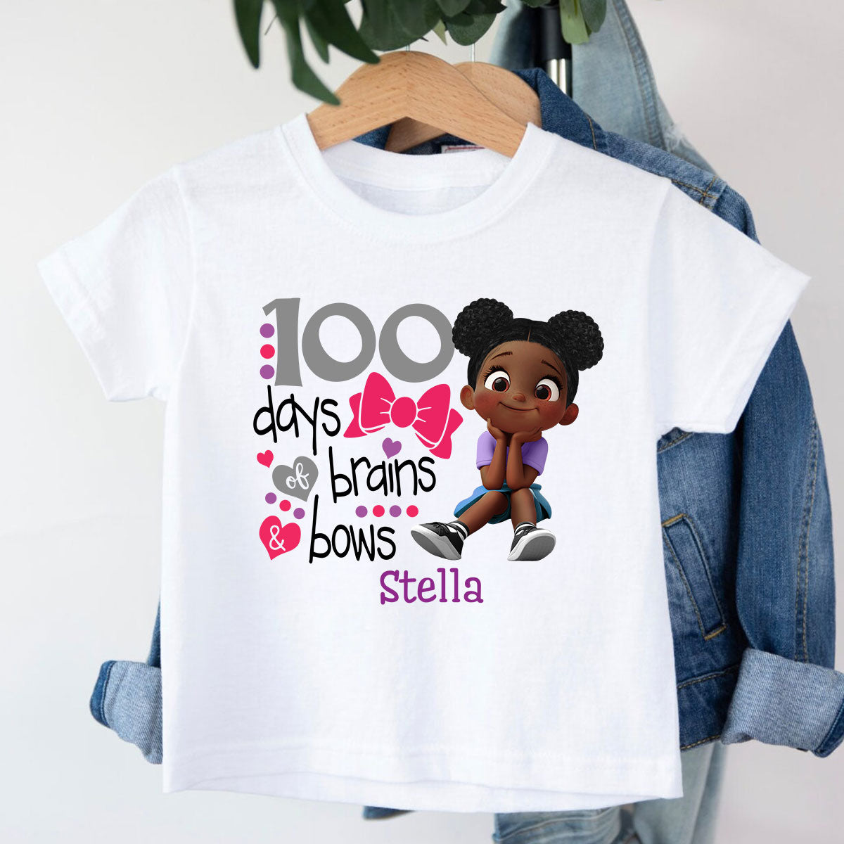 100 Days Brains & Bows Cute Little Girl - Personalized Kid T-Shirt - 100 Days Of School For Daughter, Granddaughter