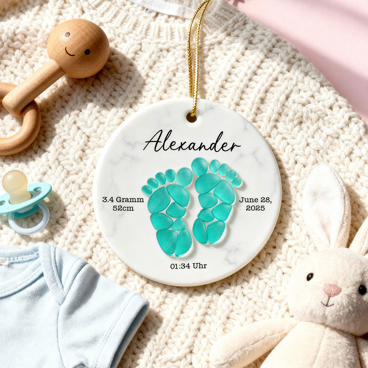 Sea Glass Effect Baby Footprint - Personalized Ceramic Ornament With Acrylic - Christmas Gift for New Parents, Newborn