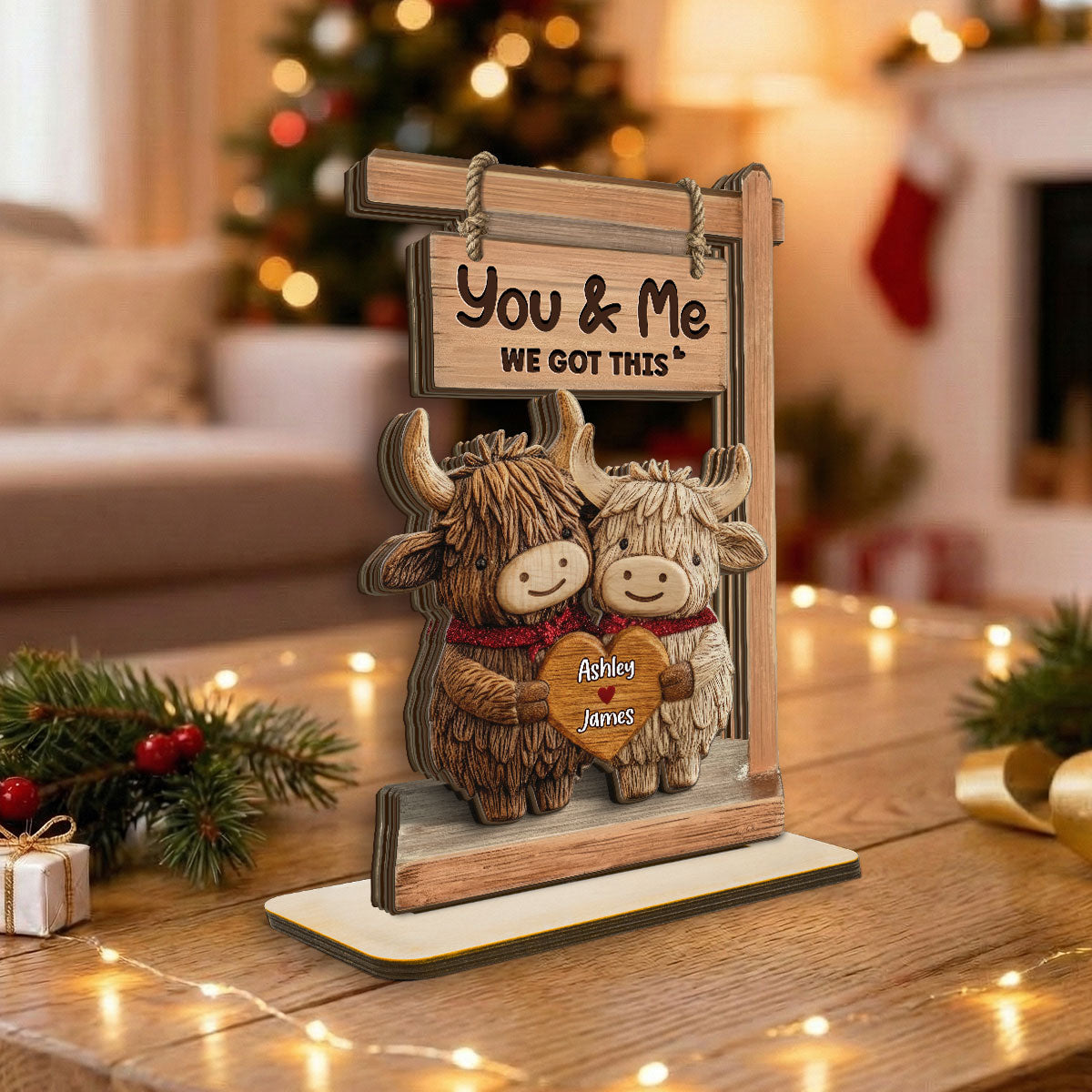 3D Effect Highland Cows Couple - Personalized 2-Layered Wooden Plaque - Perfect Valentine's Day Gift For Him, Gift For Her