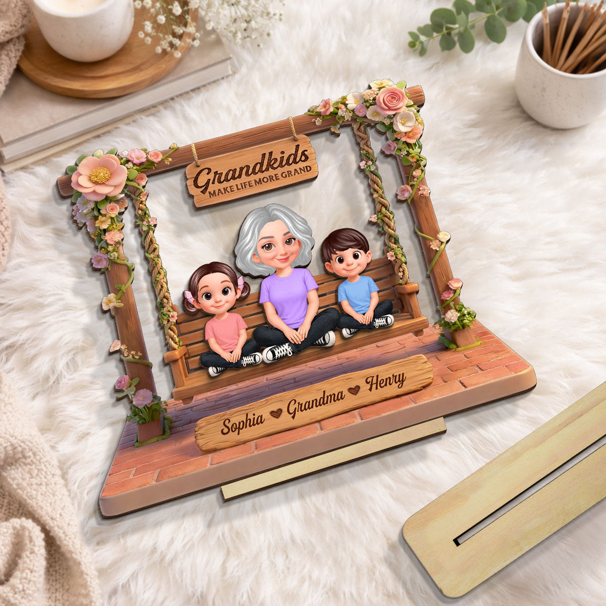 Where Love Gently Swings Grandma Grandkids - Personalized 2-Layered Wooden Plaque - Gift For Grandma