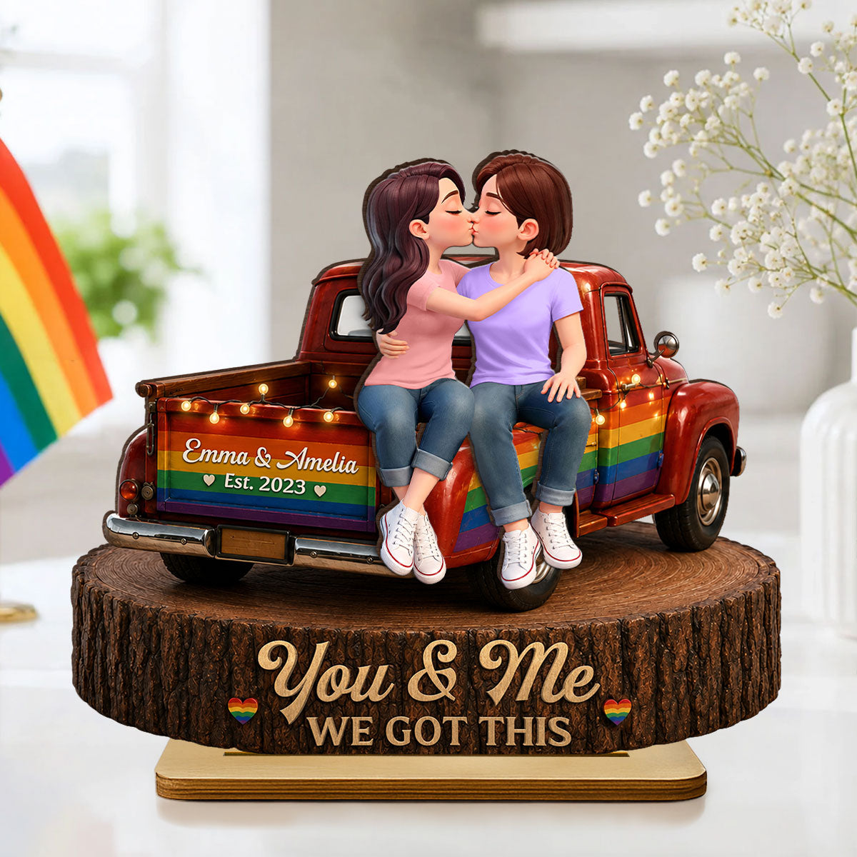 LGBT+ Couple Truck Love Is Love - Personalized 2-Layered Wooden Plaque - Gift For Couple, Happy Pride Month