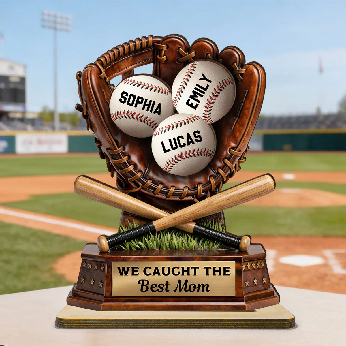 Caught The Best Mom Baseball - Personalized 2-Layered Wooden Plaque - Gift For Baseball Mom