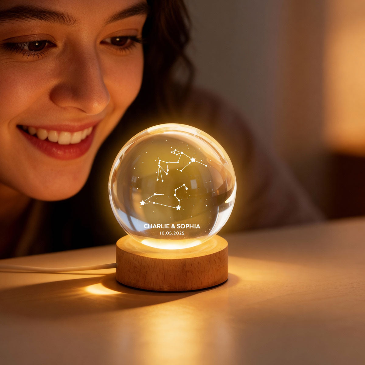 Couple Zodiac Constellation Astrology Star Sign Art - Personalized Crystal Ball LED Night Light - Gift For Couple