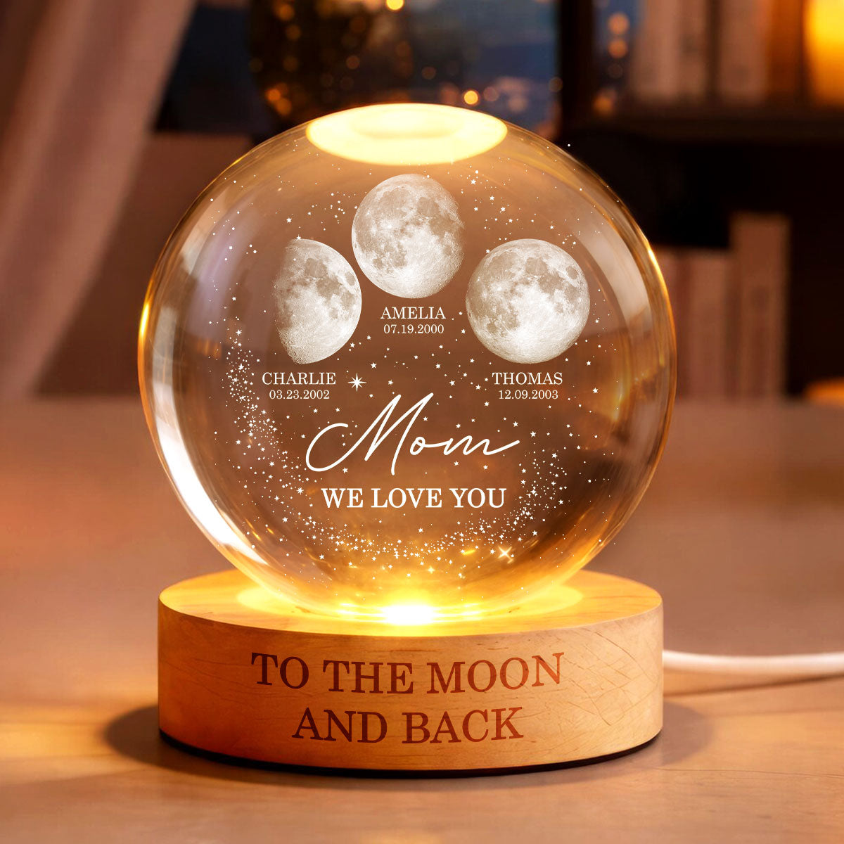 Love to the Moon and Back - Personalized Crystal Ball LED Night Light - Custom Moon Phase by Date, Mother's Day Gift for Mom, Wife