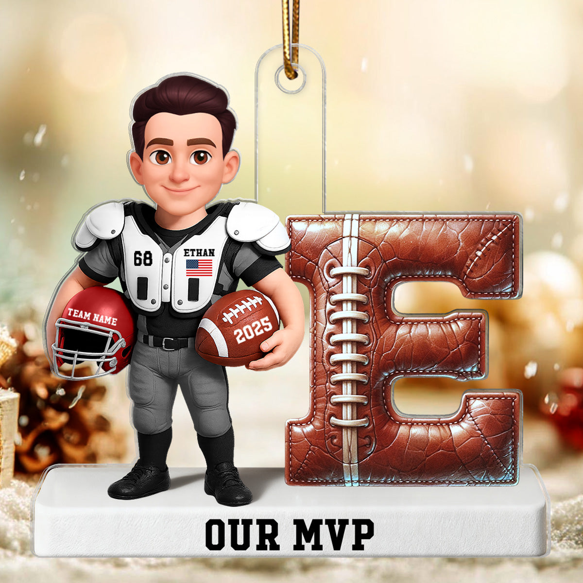 Proud American Football Player By Initial 3D Effect - Personalized Acrylic Ornament