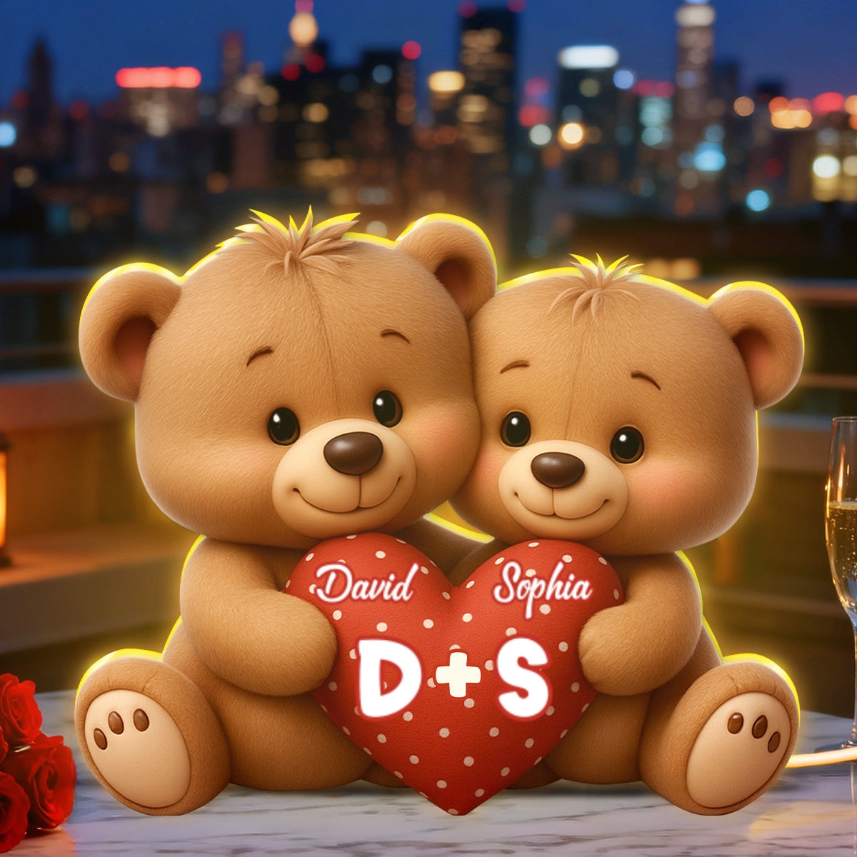 Bear Couple Holding Heart - Personalized Light Box - Valentine's Day Gift for him, for her