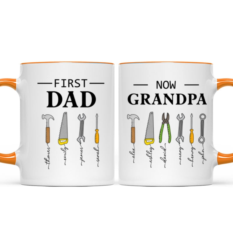 First Dad Now Grandpa Garage Tools Custom Kids Names - Personalized Mug - Father's Day Gift For Mechanic Dad, Grandpa