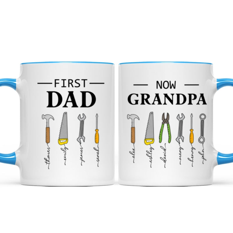 First Dad Now Grandpa Garage Tools Custom Kids Names - Personalized Mug - Father's Day Gift For Mechanic Dad, Grandpa