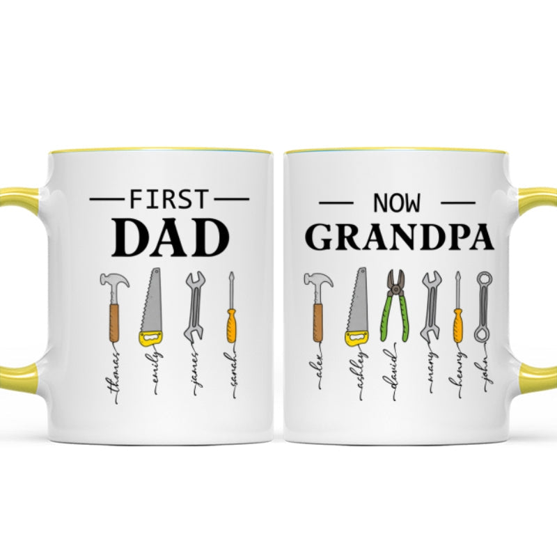 First Dad Now Grandpa Garage Tools Custom Kids Names - Personalized Mug - Father's Day Gift For Mechanic Dad, Grandpa