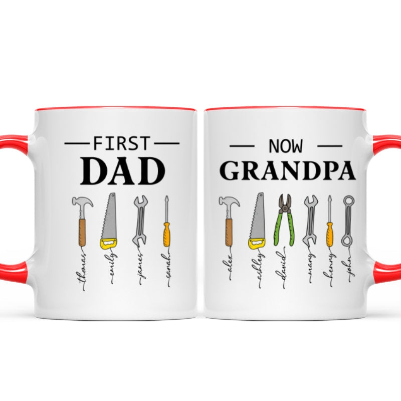 First Dad Now Grandpa Garage Tools Custom Kids Names - Personalized Mug - Father's Day Gift For Mechanic Dad, Grandpa