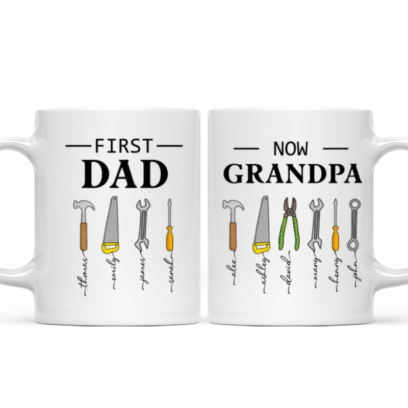 First Dad Now Grandpa Garage Tools Custom Kids Names - Personalized Mug - Father's Day Gift For Mechanic Dad, Grandpa